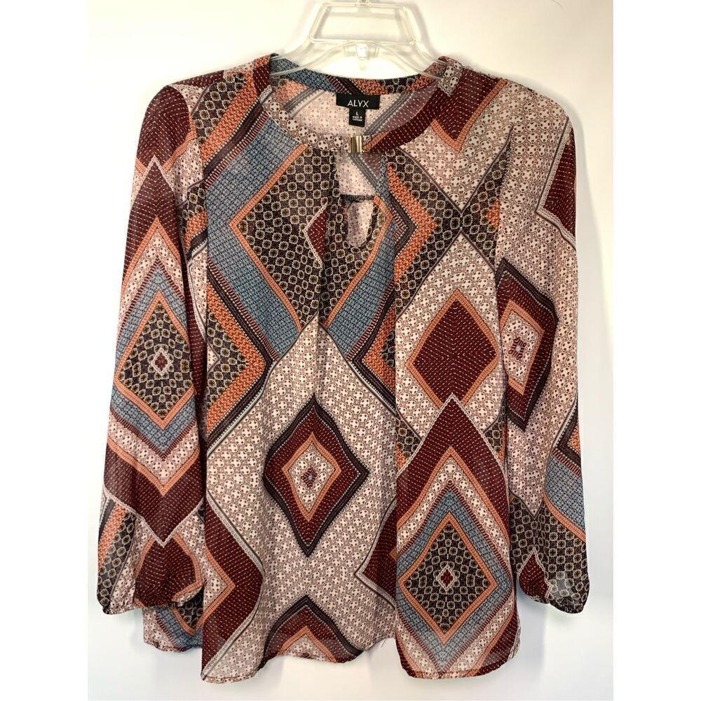 Alyx Women's Keyhole Bohemian Geometric Long Sleeve Blouse Multicolor Size Large
